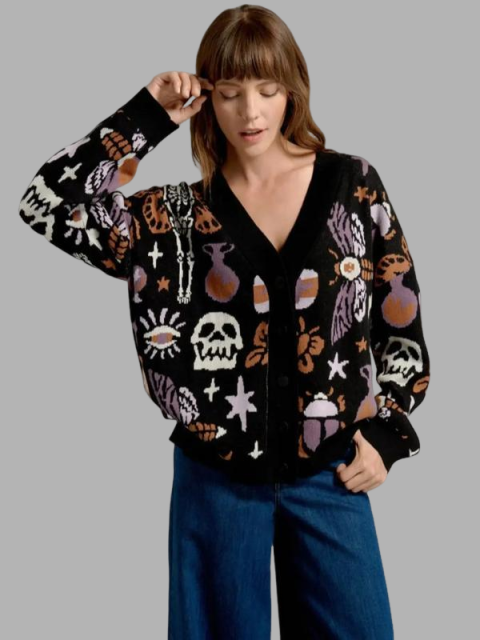 Women's Halloween Themed All Over Hybrid Skull Knit Button Front Cardigan, Casual Drop Shoulder Long Sleeve V Neck Knitwear for Fall, Fashion Ladies' Knit Clothing for Daily Wear
