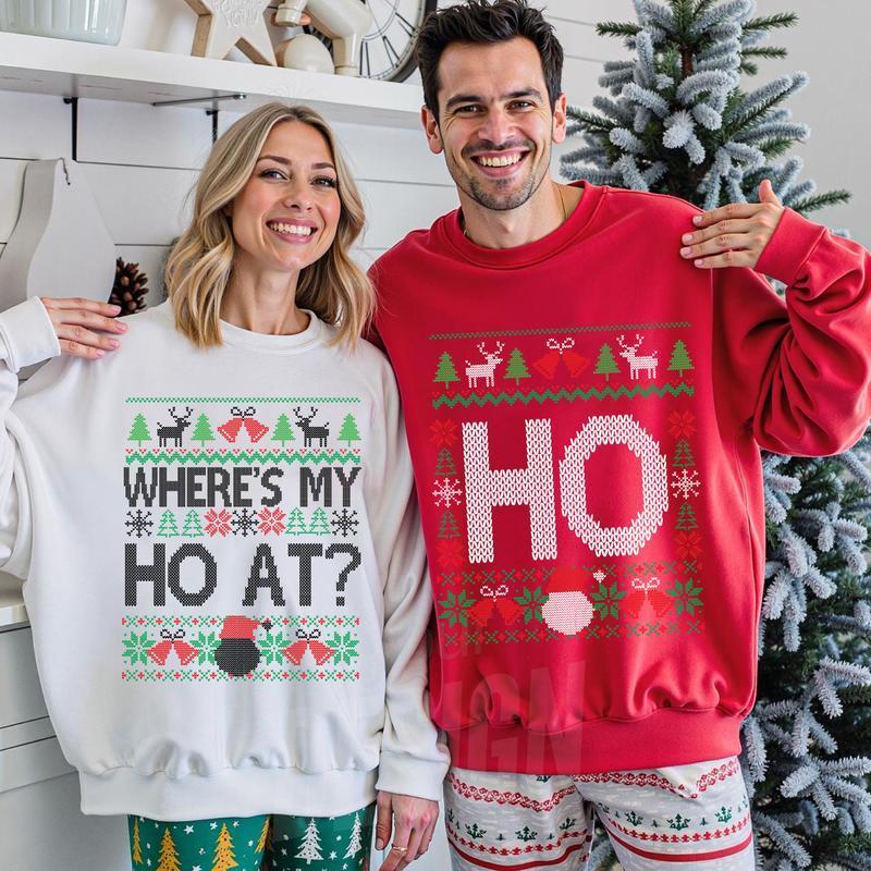 Funny Couples Christmas Sweatshirt, Where’s My Ho At & Ho Ugly Sweaters, Matching Husband Wife Xmas Shirt, Cute Holiday Party Outfit, Funny Christmas Gift - AH