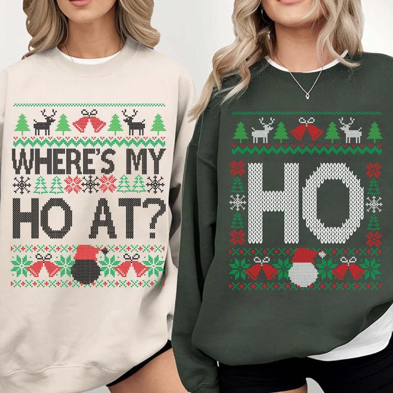 Funny Couples Christmas Sweatshirt, Where’s My Ho At & Ho Ugly Sweaters, Matching Husband Wife Xmas Shirt, Cute Holiday Party Outfit, Funny Christmas Gift - AH