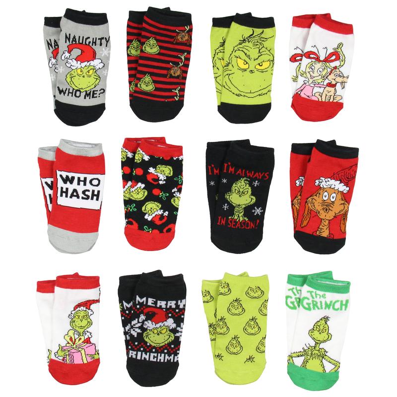Free Shipping! 🎄The Grinch 12 Days Of Christmas Socks Advent Calendar 12 Day Punch Out Window Adult Ankle No Show Gift Box Set