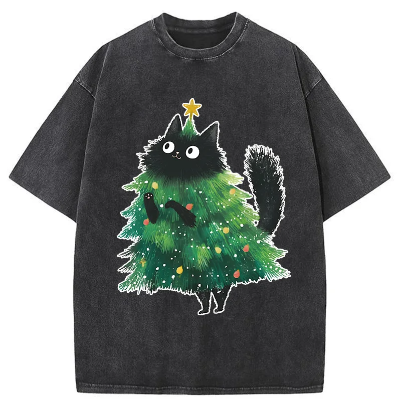 Christmas Tree Cat Japan Washed T-Shirt