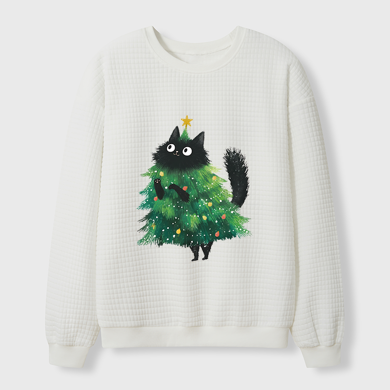 Christmas Tree Cat Japan Waffle Sweatshirt