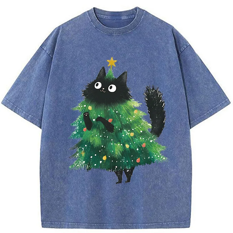 Christmas Tree Cat Japan Washed T-Shirt