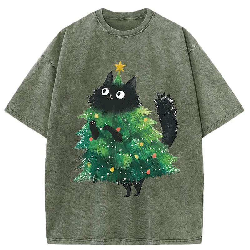 Christmas Tree Cat Japan Washed T-Shirt