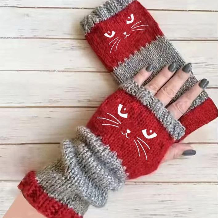 Women's Knitted Gloves with Cat Embroidery and Fingerless Design – Warm Fashion Gloves for Casual Winter Wear