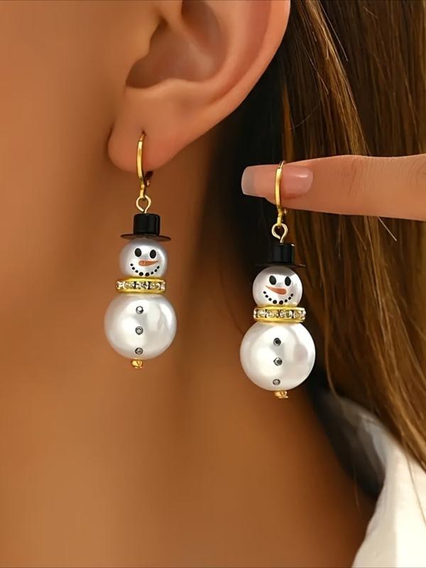 Elegant Snowman Dangle Earrings with Faux Pearl & Rhinestone Accents, Golden-Toned Copper, Perfect for Christmas & Winter Festivities