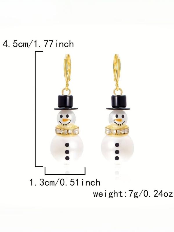 Elegant Snowman Dangle Earrings with Faux Pearl & Rhinestone Accents, Golden-Toned Copper, Perfect for Christmas & Winter Festivities