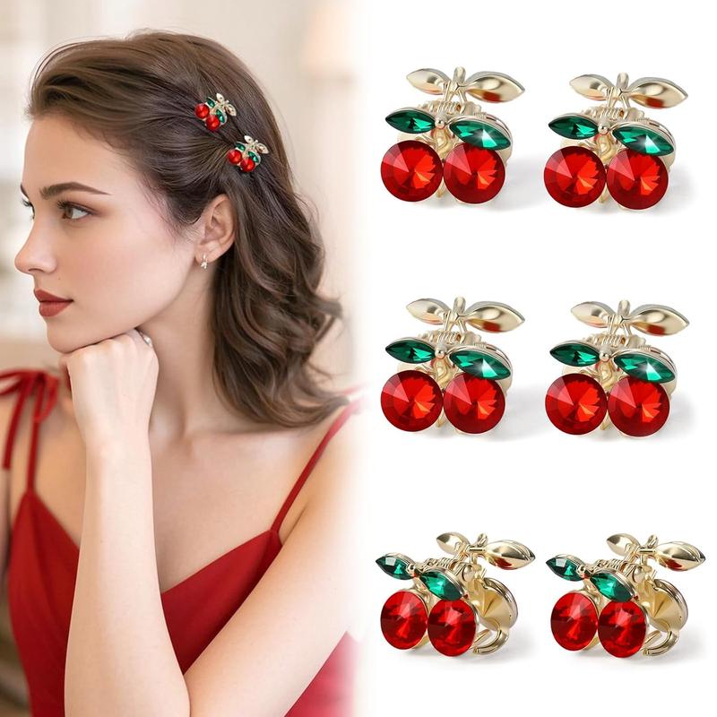 6 count Mini Cherry Hair Clips - Cute Rhinestone Claw Clips for Women Girls, Small Cherry Claw Clip for Half Up Styles, Decorative Rhinestone Hair Accessories, No Crease | Metal Springs