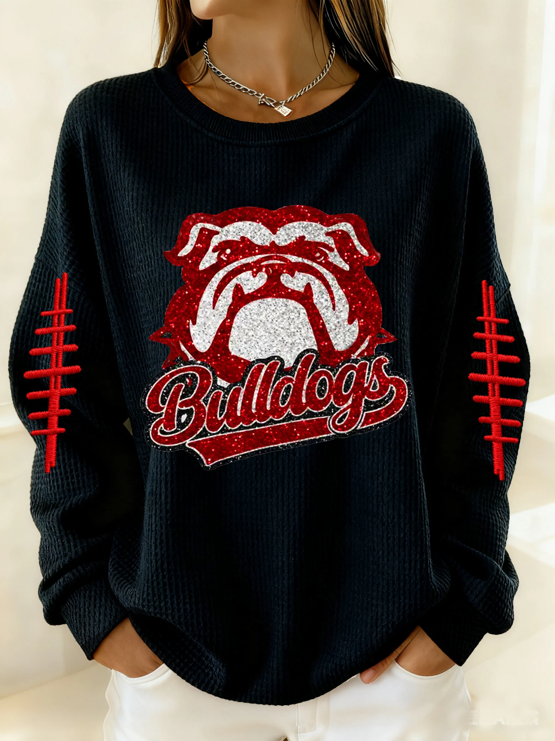 Women's Winter Rugby Team Print Waffle Top