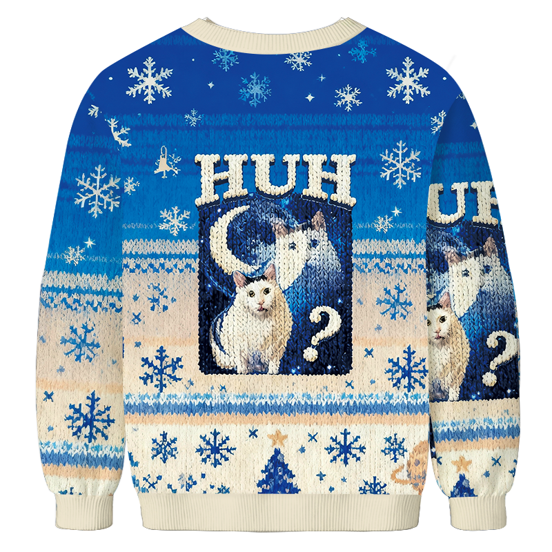 Huh Cat Funny Dank Meme Moon Christmas Ugly Sweatshirt