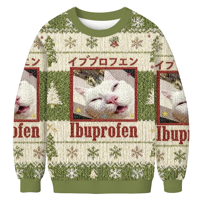 Green Ibuprofen Meme Cat Christmas Ugly Sweatshirt