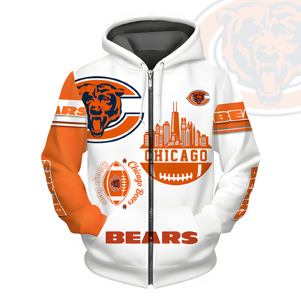 Unisex Chicago Bears Printed Hoodie – Bold Zip Up Sweatshirt for Fans