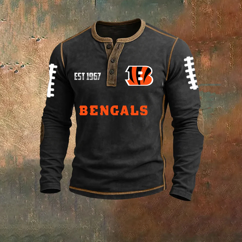 Men’s Cincinnati Bengals NFL Henley Long Sleeve Shirt – Classic Team Style Casual Top