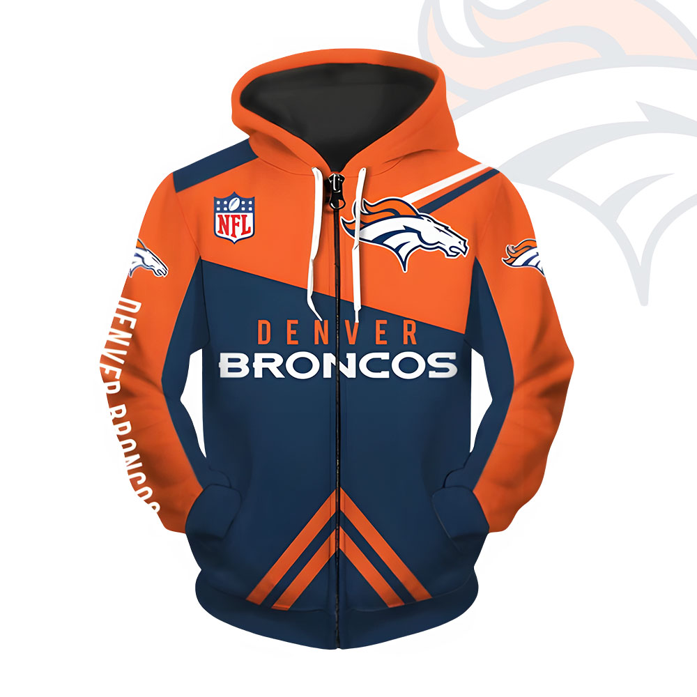 Unisex Denver Broncos Printed Hoodie – Bold Zip Up Sweatshirt For Fan