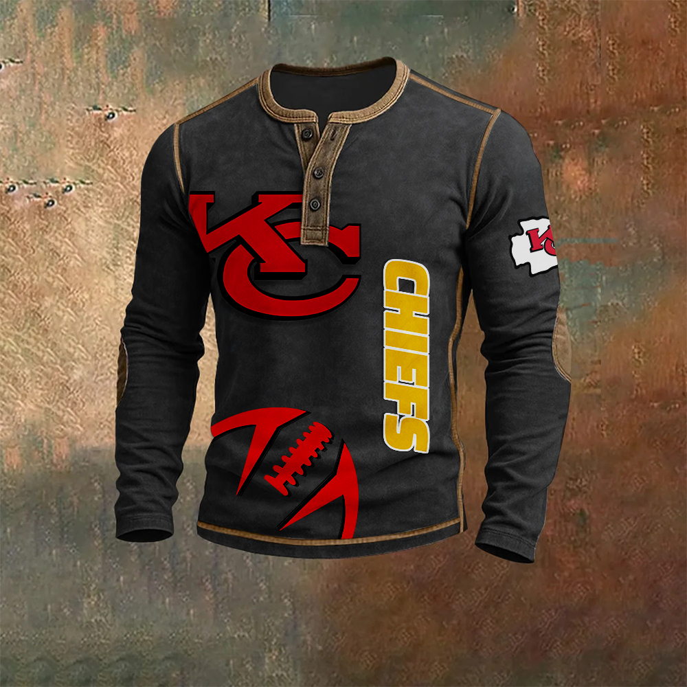 Men’s Kansas City Chiefs NFL Henley Long Sleeve Shirt – Classic Team Style Casual Top