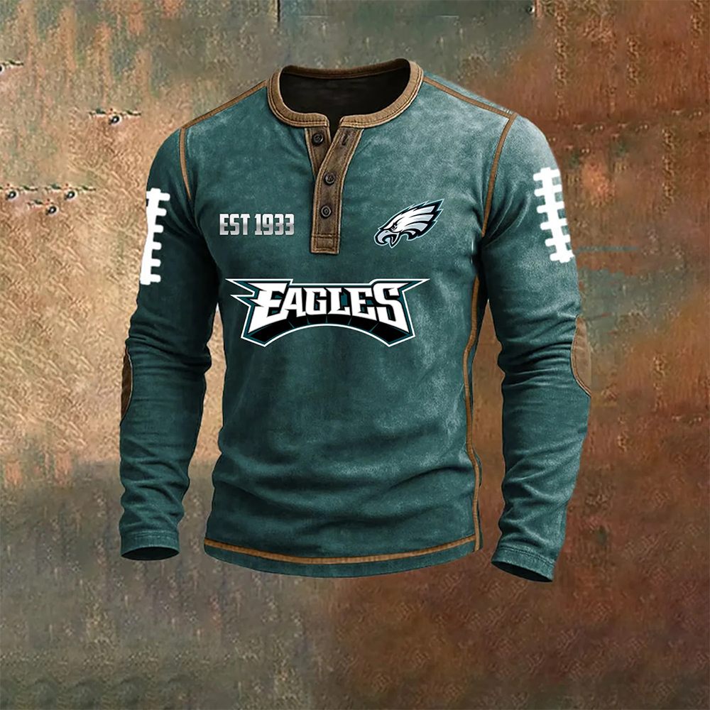 Men’S Philadelphia Eagles NFL Henley Long Sleeve Shirt – Classic Team Style Casual Top