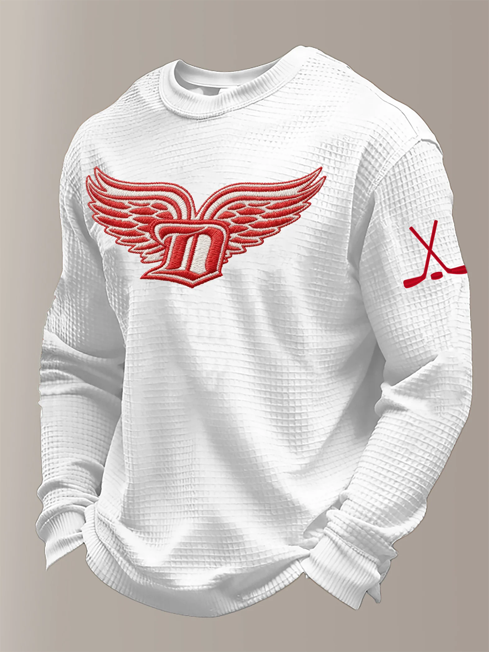 Men's hockey-print waffle-knit long-sleeved T-shirt