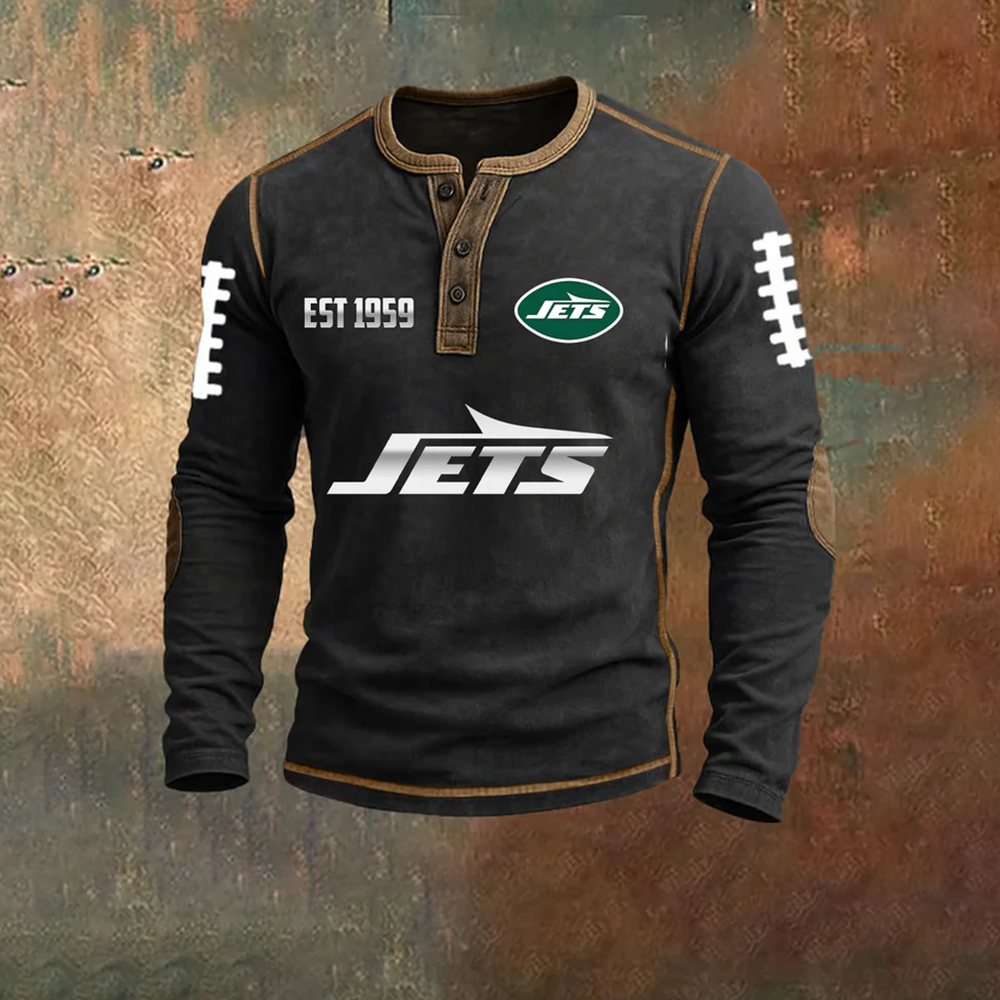 Men’s New York Jets NFL Henley Long Sleeve Shirt – Classic Team Style Casual Top