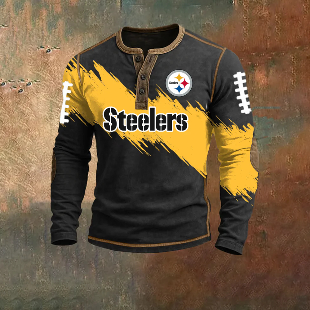 Men’s Pittsburgh Steelers NFL Henley Long Sleeve Shirt – Classic Team Style Casual Top