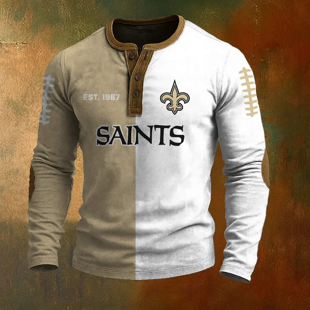 Men’s New Orleans Saints NFL Henley Long Sleeve Shirt – Classic Team Style Casual Top