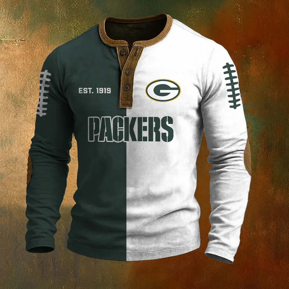 Men’s Green Bay Packers NFL Henley Long Sleeve Shirt – Classic Team Style Casual Top