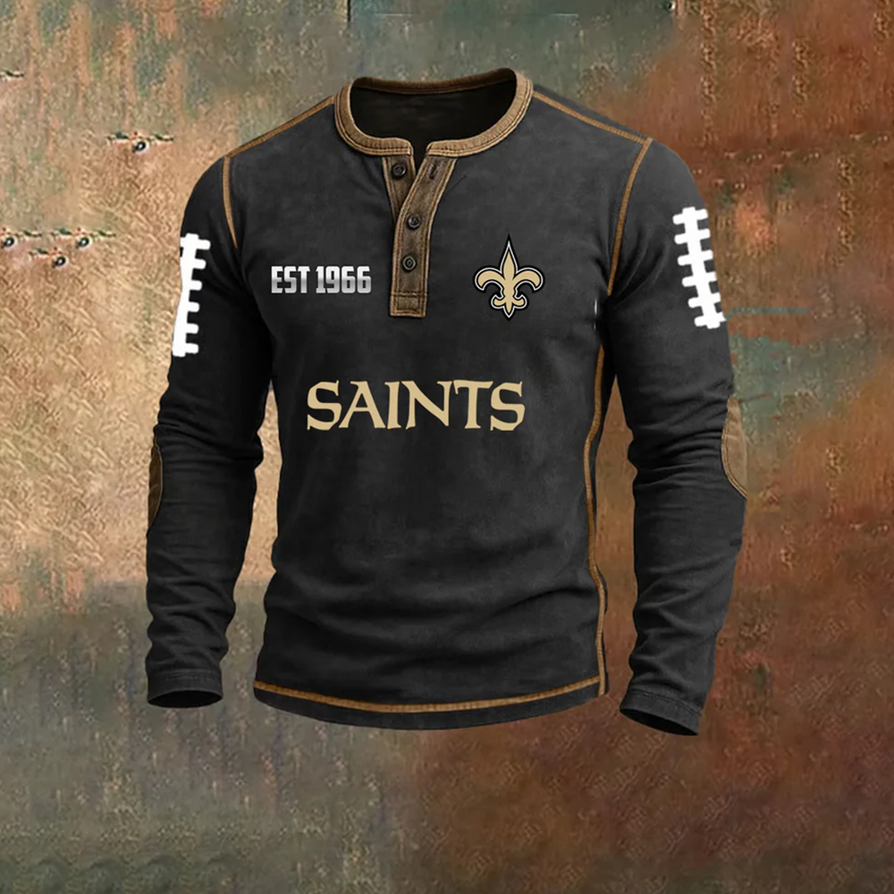 Men’s New Orleans Saints NFL Henley Long Sleeve Shirt – Classic Team Style Casual Top