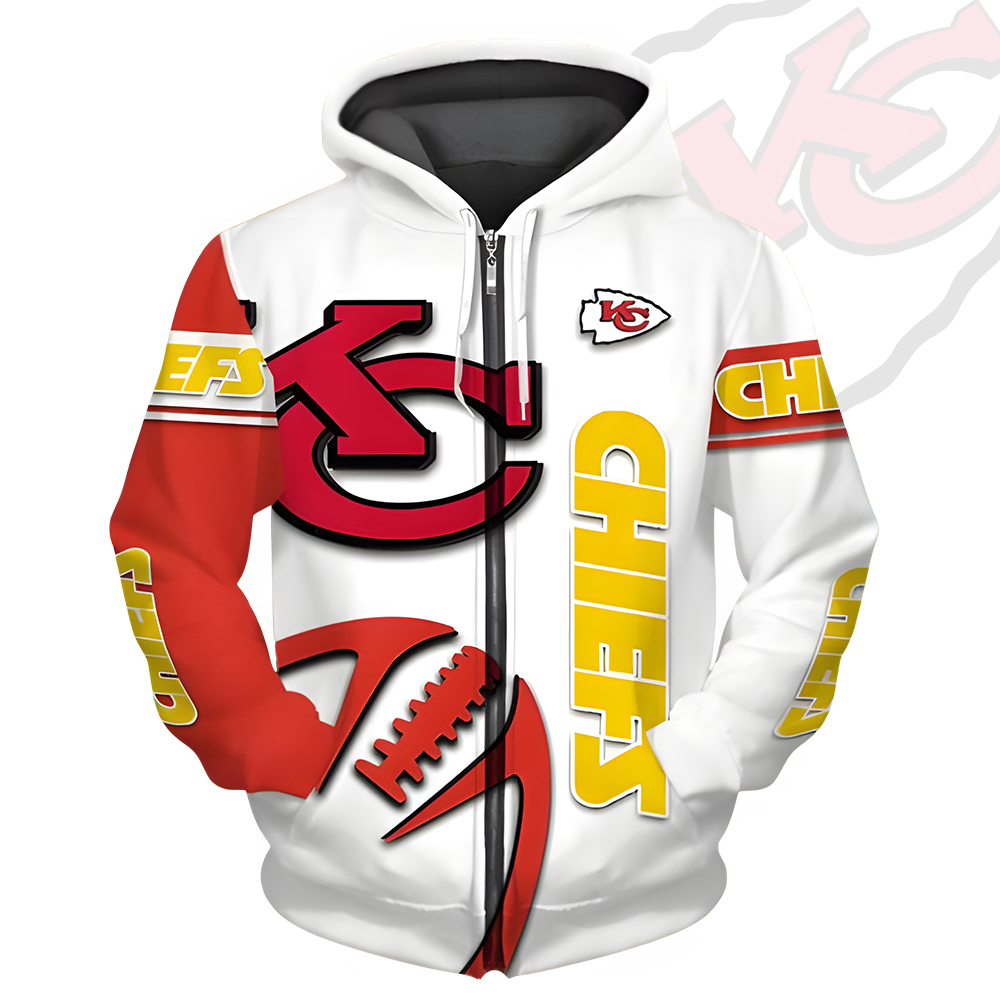 Unisex Kansas City Chiefs Printed Hoodie – Bold Zip Up Sweatshirt for Fans