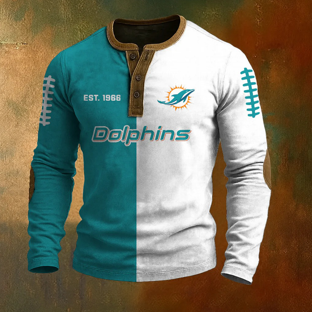 Men’s Miami Dolphins NFL Henley Long Sleeve Shirt – Classic Team Style Casual Top