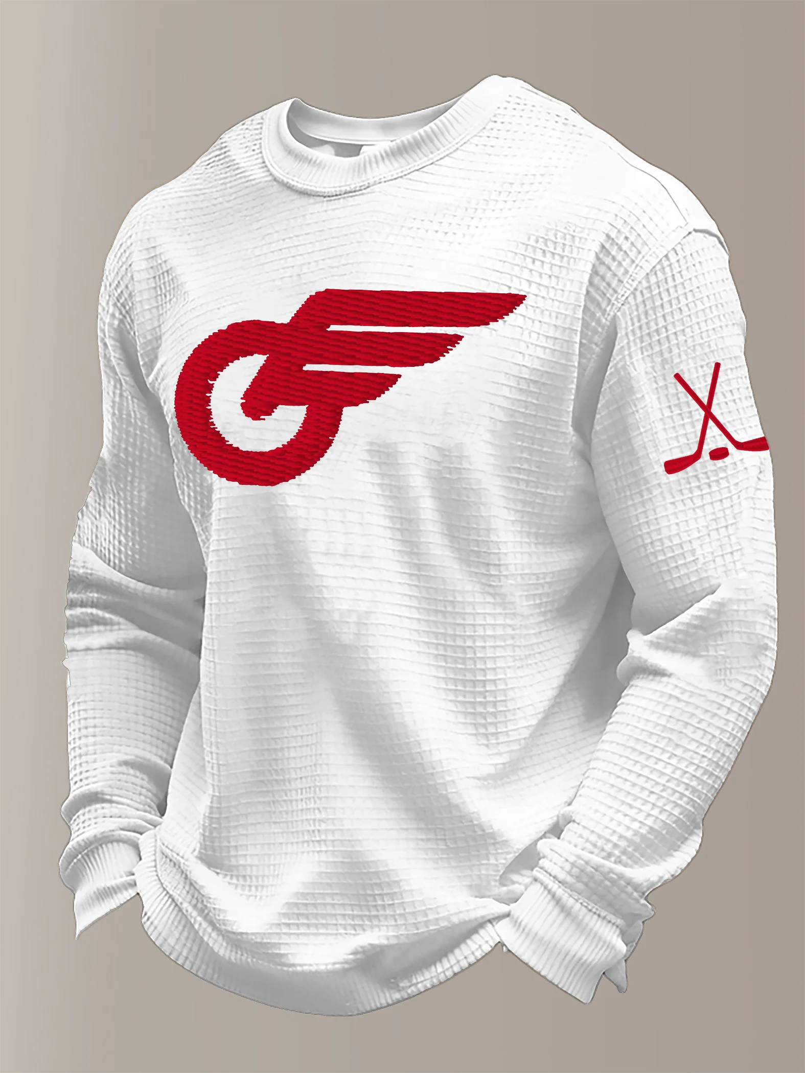 Men's hockey-print waffle-knit long-sleeved T-shirt