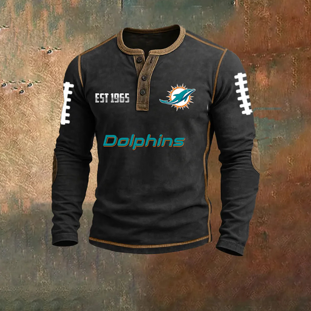 Men’s Miami Dolphins NFL Henley Long Sleeve Shirt – Classic Team Style Casual Top