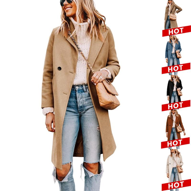 Free Shipping 🎄Women's Notch Lapel Double Breasted Wool Blend Mid Long Pea Trench Coat