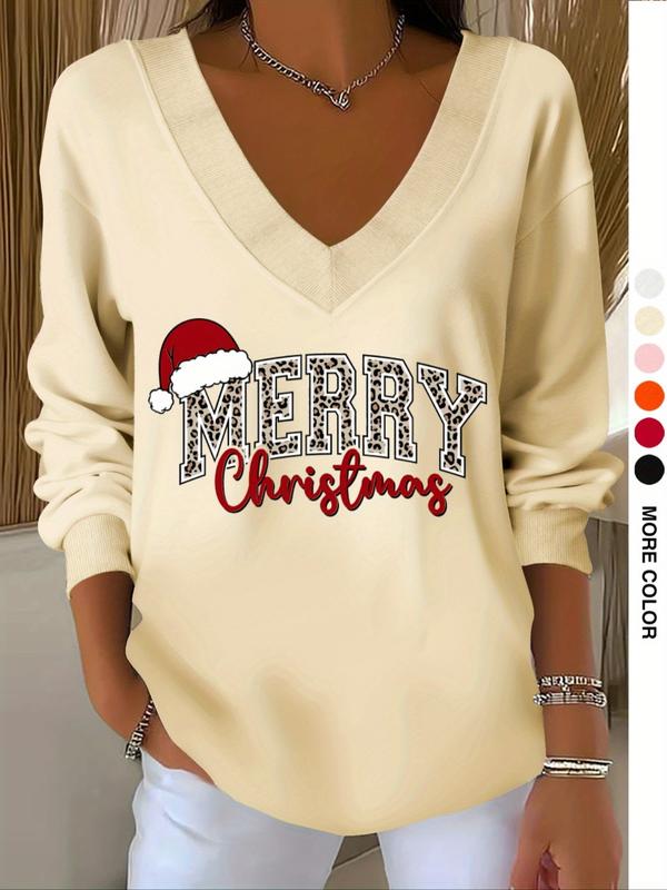 Women's Casual V Neck Long Sleeve Sweatshirt, Christmas Letter Print, French Elegant Style, Suitable for All Seasons