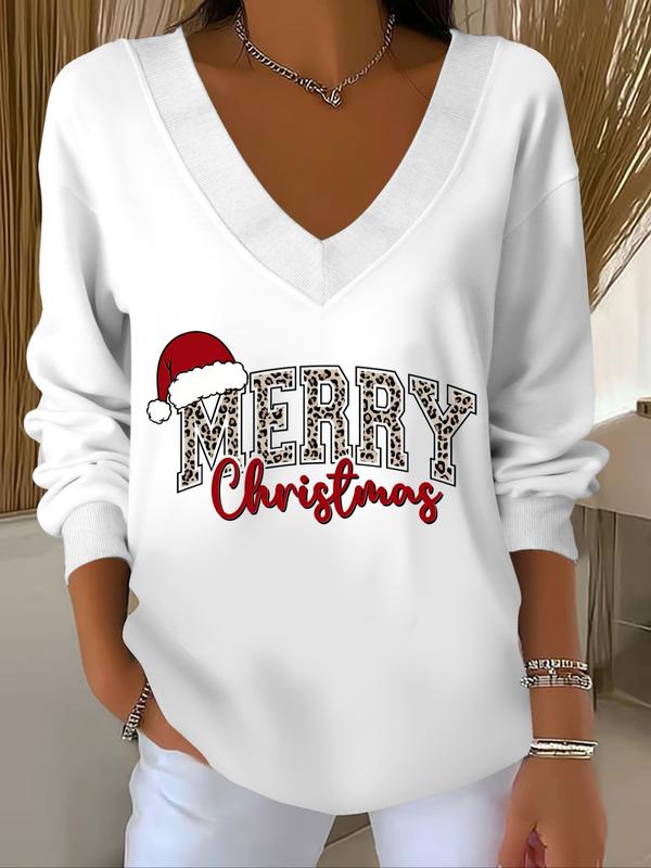 Women's Casual V Neck Long Sleeve Sweatshirt, Christmas Letter Print, French Elegant Style, Suitable for All Seasons