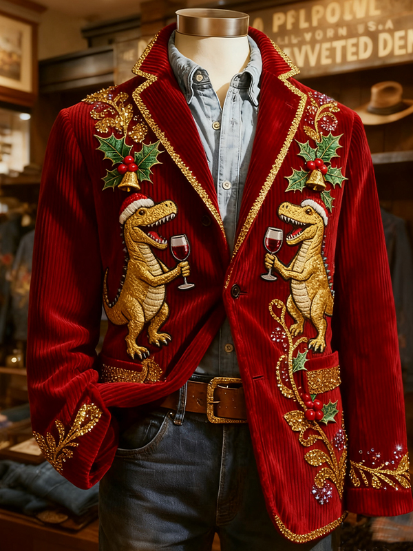 Men's Santa Claus Sings Christmas Carols Print Corduroy Blazer