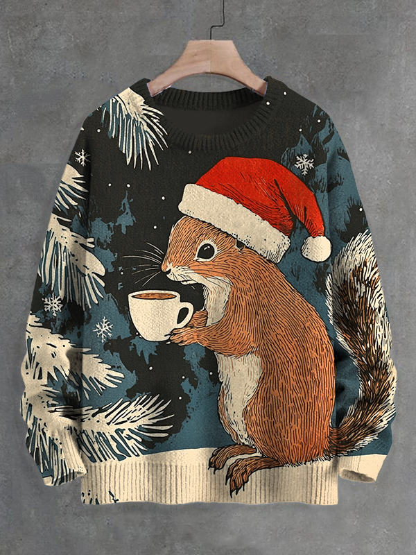 Men's Christmas Squirrel Drinking Coffee In The Forest Art Print Knit Sweatshirt