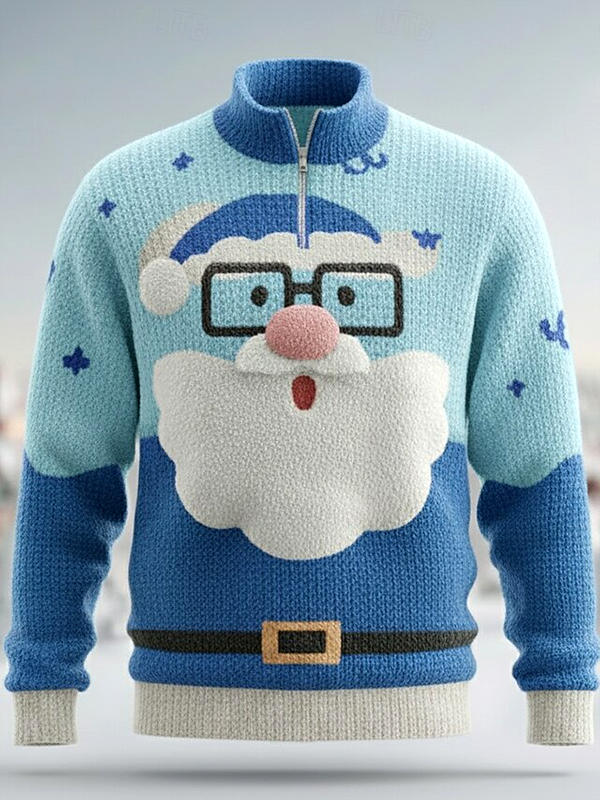 Men's Fun Christmas Ugly Santa Claus Print Quarter Zip Sweatshirt
