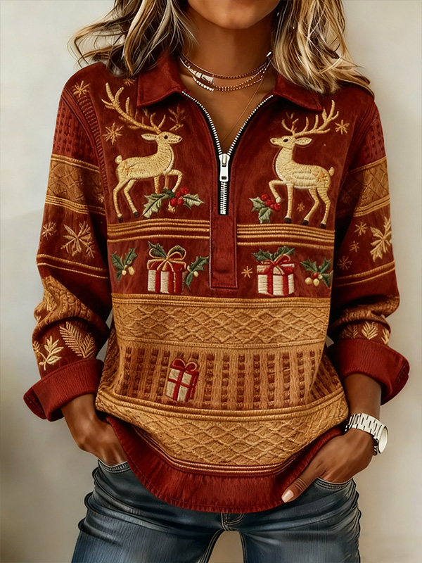 Women's Christmas Gifts Reindeer Holly Print Half Zip Sweatshirt