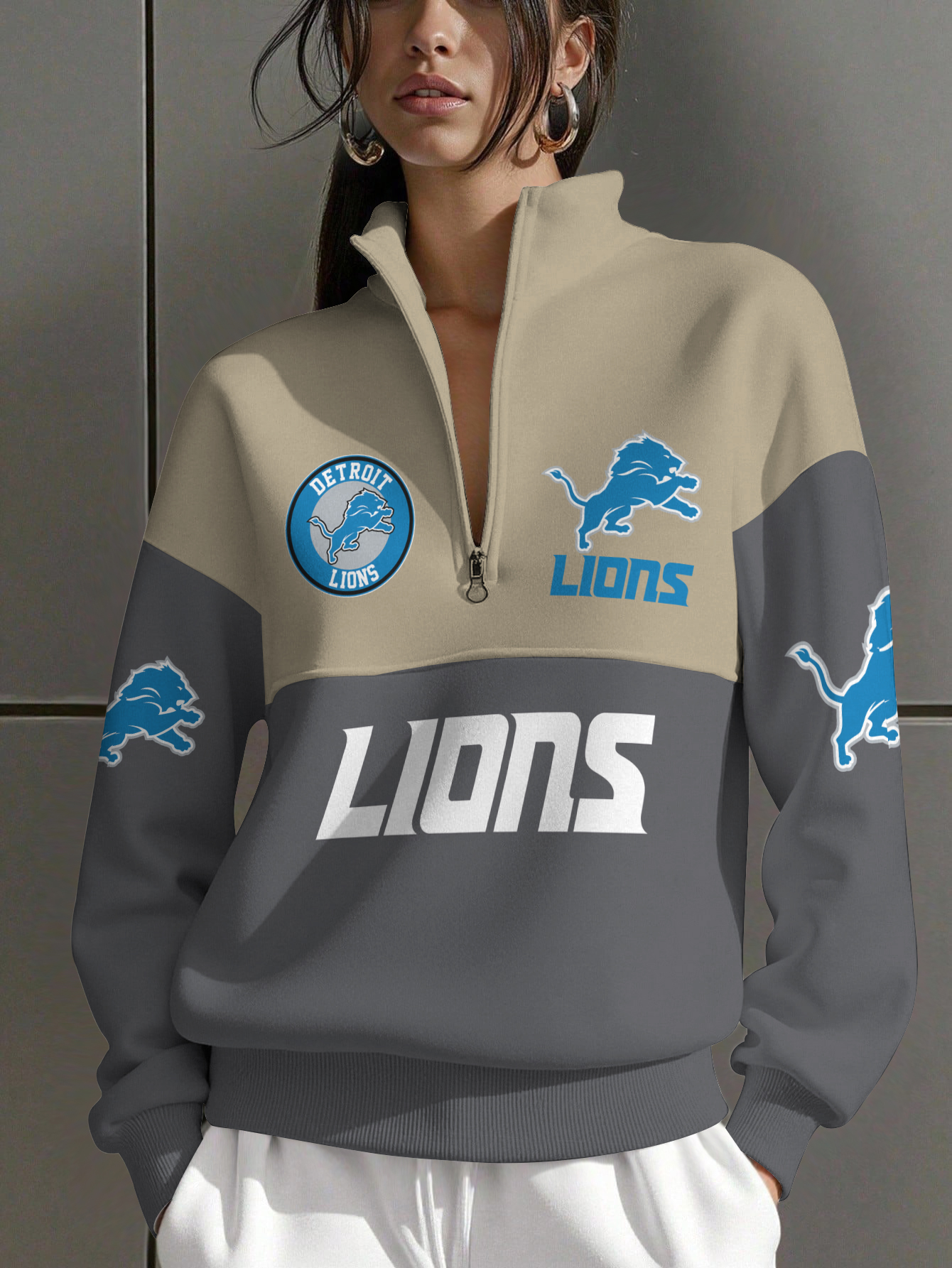 Detroit Lions  Women Plain Color Zip Up Long Sleeve Sweatshirt