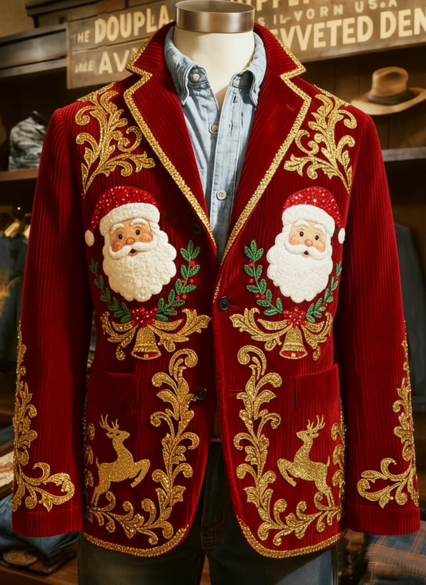 Men's Christmas Santa Claus Reindeer And Bells Print Corduroy Blazer