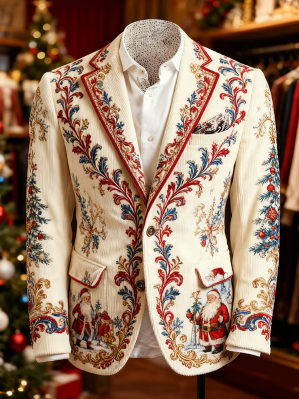 Men's Santa Claus Christmas Tree Flowers Print Corduroy Blazer