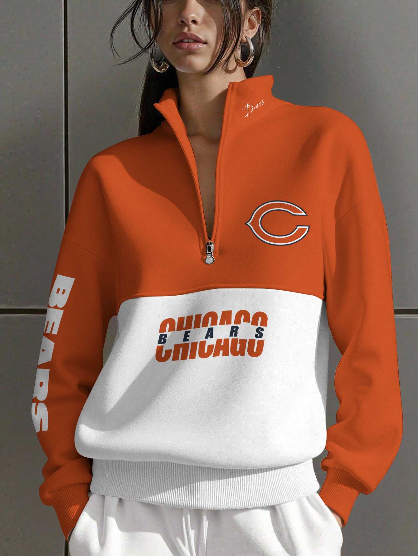 Chicago Bears  Women Plain Color Zip Up Long Sleeve Sweatshirt
