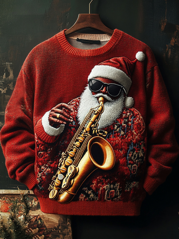 Men's Christmas Santa Claus Playing The Saxophone Print Knit Sweatshirt