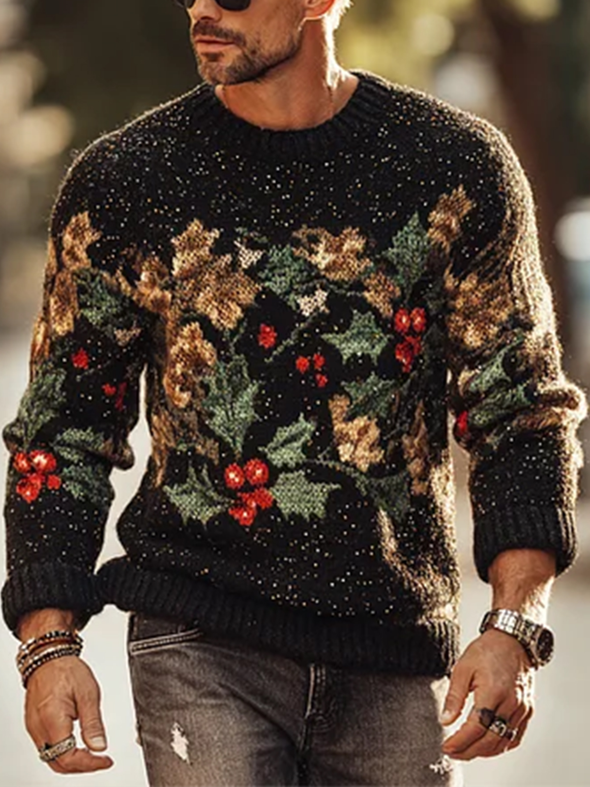Men's Christmas Holly Print Knit Sweatshirt