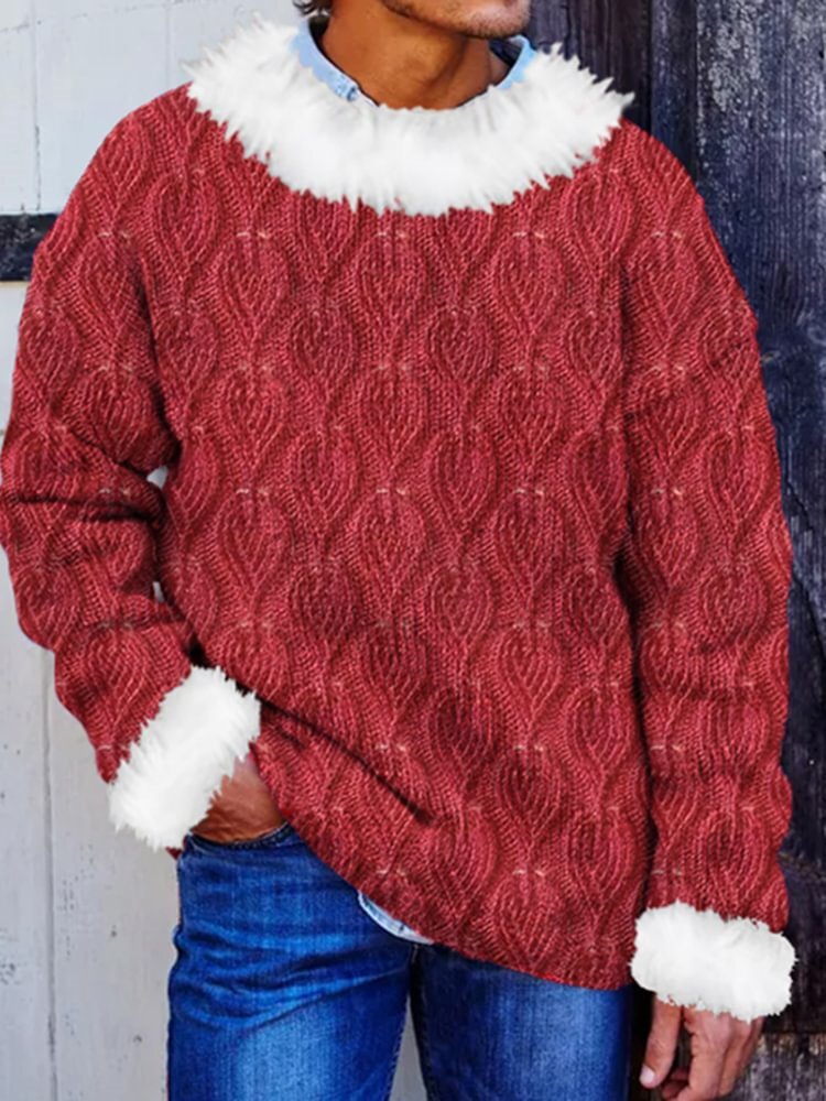 Men's Textured Color Block Faux Fur Print Knit Sweatshirt