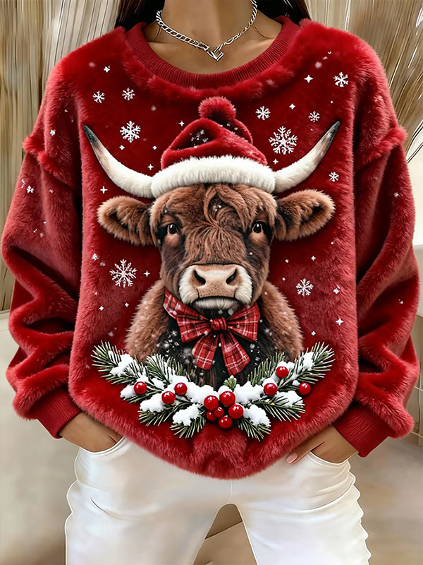 Women's Christmas Highland Cow Art Print Casual Flannel Sweatshirt