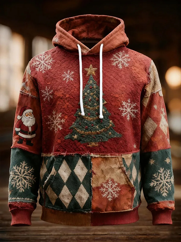Men's Christmas Tree Santa Claus Patchwork Pattern Art Print Pocket Hoodie