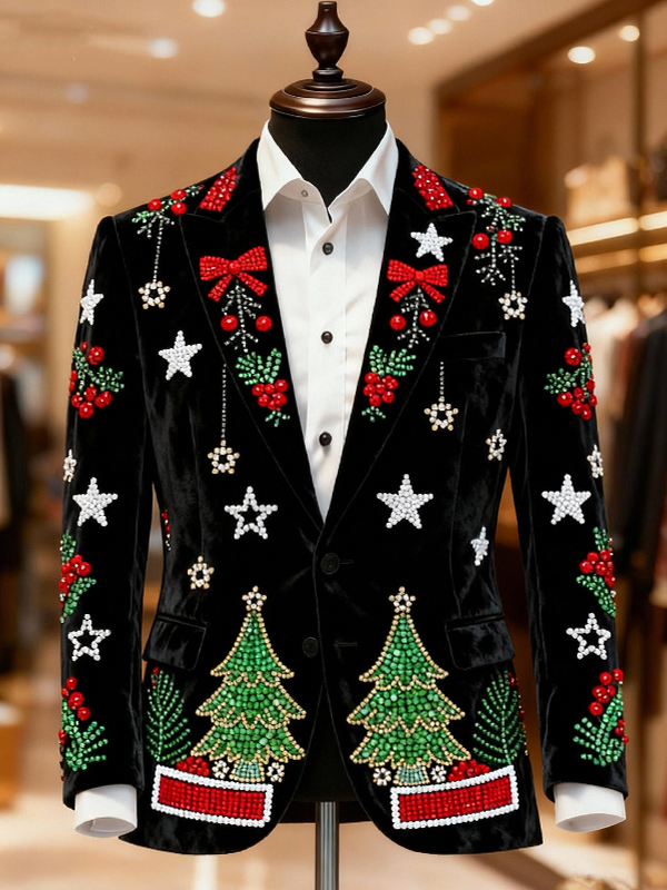 Men's Christmas Tree And Holly Leaves Print Corduroy Blazer