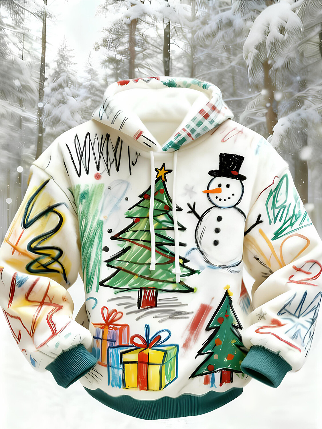 Men's Christmas Tree Gifts Snowman Doodle Art Print Casual Hoodie