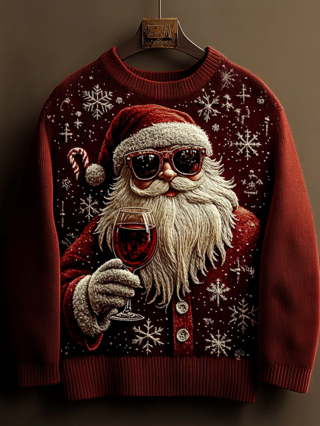 Men's Santa Claus Red Wine Celebrates Christmas Snowflake Print Knit Sweatshirt