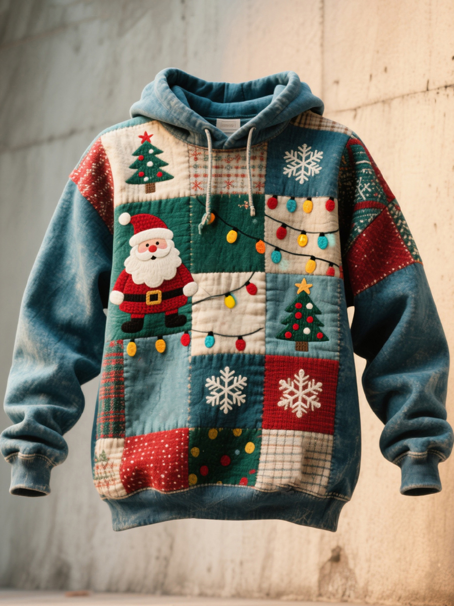 Men's Patchwork Santa Tree String Lights Print Christmas Hoodie